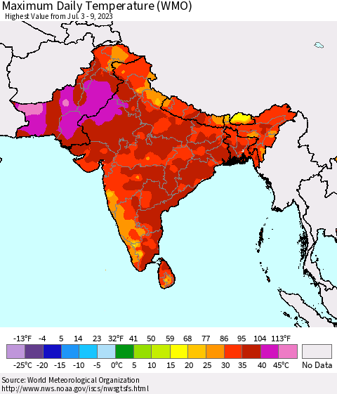 Southern Asia Maximum Daily Temperature (WMO) Thematic Map For 7/3/2023 - 7/9/2023
