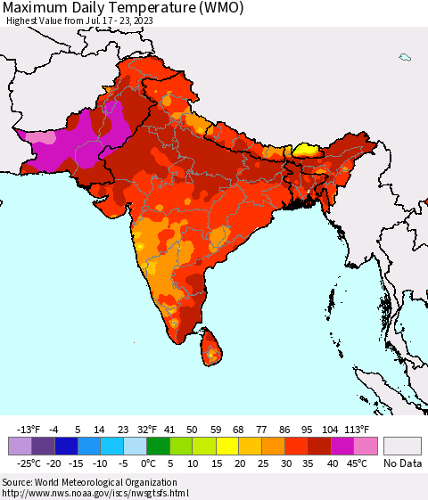 Southern Asia Maximum Daily Temperature (WMO) Thematic Map For 7/17/2023 - 7/23/2023