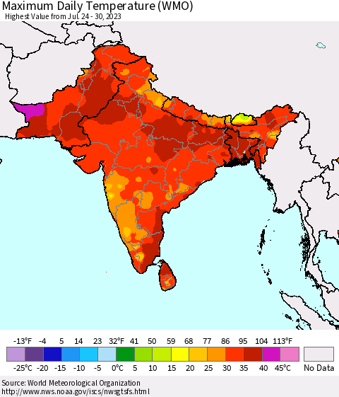 Southern Asia Maximum Daily Temperature (WMO) Thematic Map For 7/24/2023 - 7/30/2023