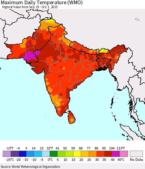 Southern Asia Maximum Daily Temperature (WMO) Thematic Map For 9/25/2023 - 10/1/2023