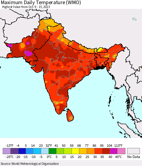 Southern Asia Maximum Daily Temperature (WMO) Thematic Map For 10/9/2023 - 10/15/2023