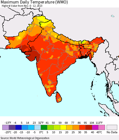 Southern Asia Maximum Daily Temperature (WMO) Thematic Map For 11/6/2023 - 11/12/2023
