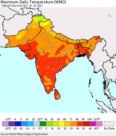 Southern Asia Maximum Daily Temperature (WMO) Thematic Map For 11/20/2023 - 11/26/2023