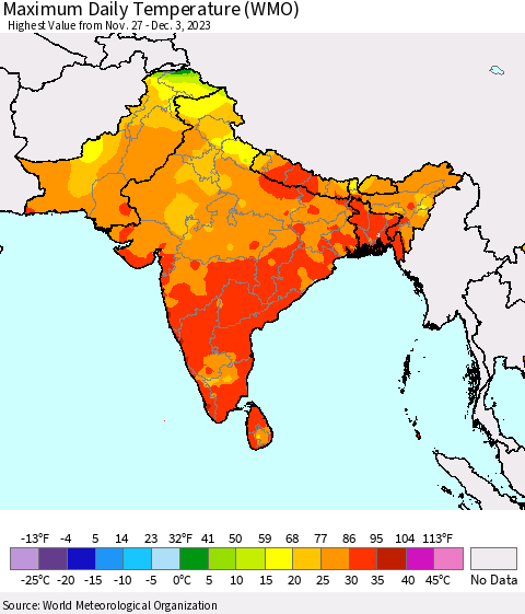 Southern Asia Maximum Daily Temperature (WMO) Thematic Map For 11/27/2023 - 12/3/2023