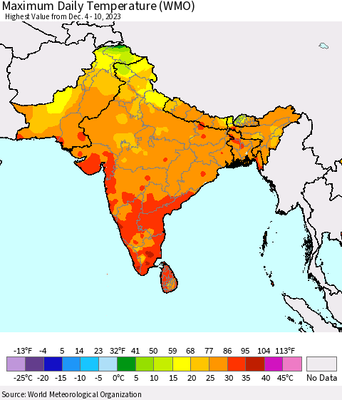 Southern Asia Maximum Daily Temperature (WMO) Thematic Map For 12/4/2023 - 12/10/2023