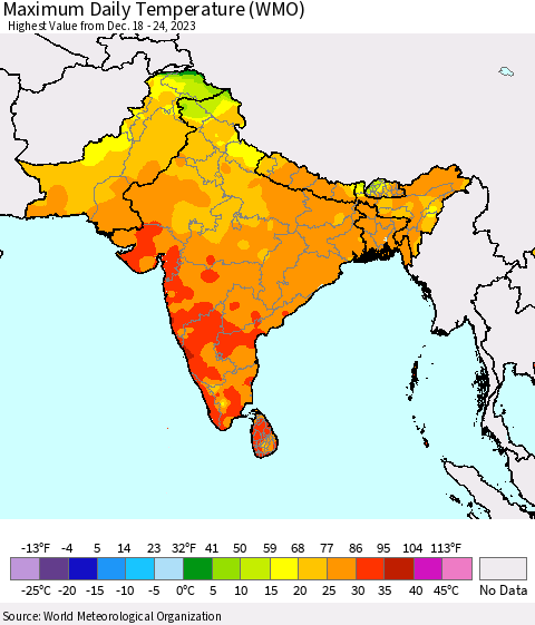 Southern Asia Maximum Daily Temperature (WMO) Thematic Map For 12/18/2023 - 12/24/2023