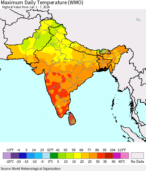 Southern Asia Maximum Daily Temperature (WMO) Thematic Map For 1/1/2024 - 1/7/2024
