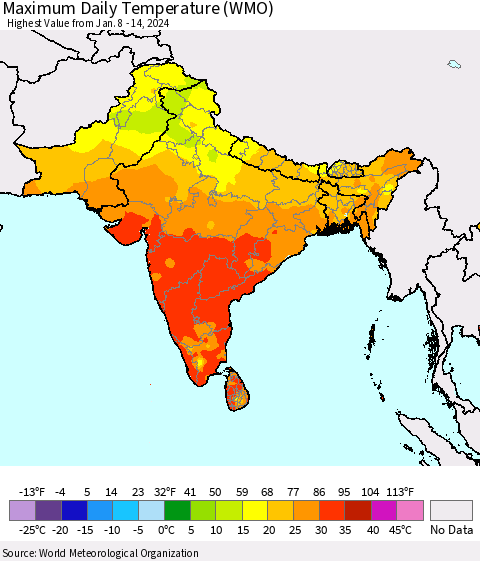 Southern Asia Maximum Daily Temperature (WMO) Thematic Map For 1/8/2024 - 1/14/2024