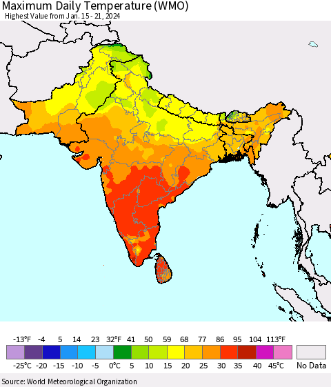 Southern Asia Maximum Daily Temperature (WMO) Thematic Map For 1/15/2024 - 1/21/2024
