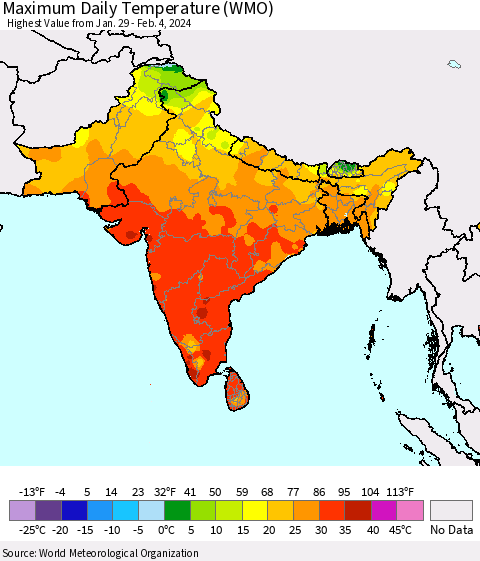 Southern Asia Maximum Daily Temperature (WMO) Thematic Map For 1/29/2024 - 2/4/2024