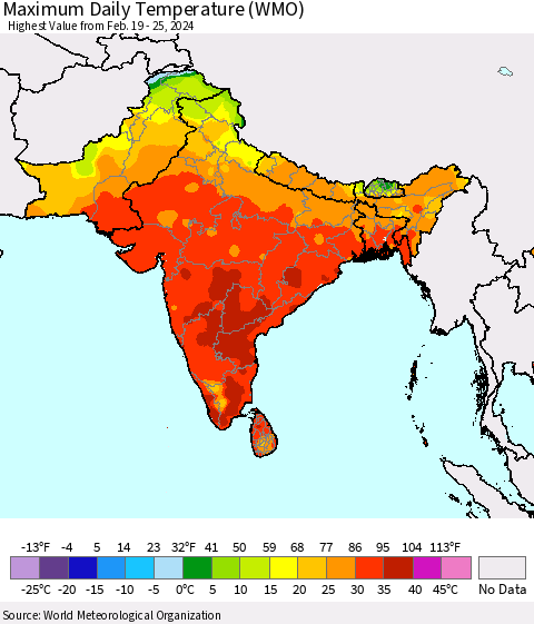 Southern Asia Maximum Daily Temperature (WMO) Thematic Map For 2/19/2024 - 2/25/2024