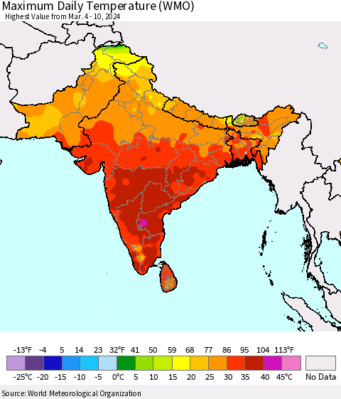 Southern Asia Maximum Daily Temperature (WMO) Thematic Map For 3/4/2024 - 3/10/2024