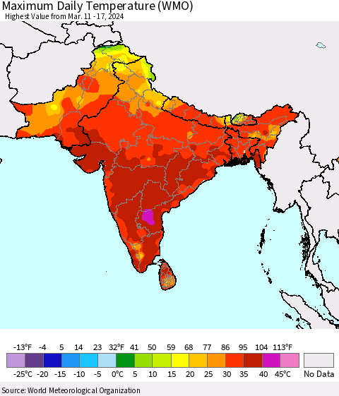 Southern Asia Maximum Daily Temperature (WMO) Thematic Map For 3/11/2024 - 3/17/2024