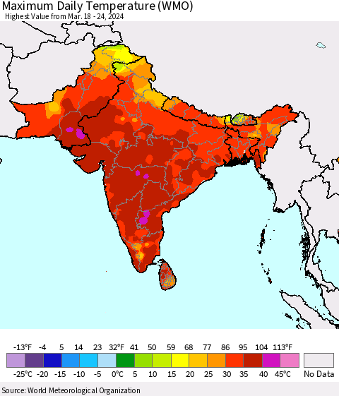 Southern Asia Maximum Daily Temperature (WMO) Thematic Map For 3/18/2024 - 3/24/2024
