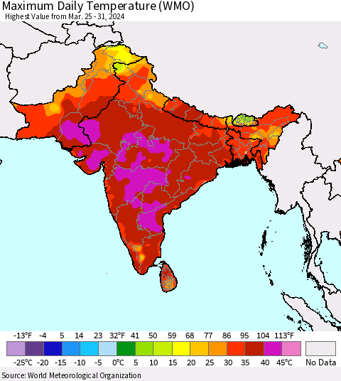 Southern Asia Maximum Daily Temperature (WMO) Thematic Map For 3/25/2024 - 3/31/2024