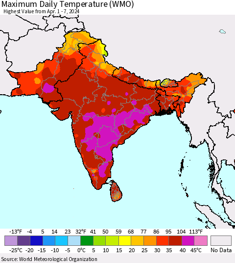 Southern Asia Maximum Daily Temperature (WMO) Thematic Map For 4/1/2024 - 4/7/2024