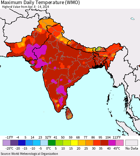 Southern Asia Maximum Daily Temperature (WMO) Thematic Map For 4/8/2024 - 4/14/2024