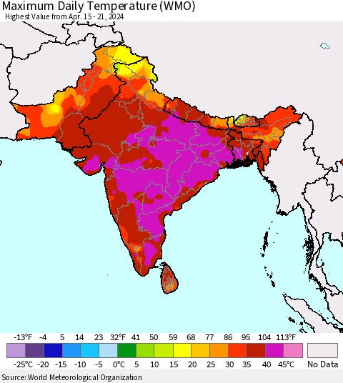 Southern Asia Maximum Daily Temperature (WMO) Thematic Map For 4/15/2024 - 4/21/2024