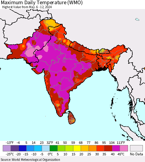 Southern Asia Maximum Daily Temperature (WMO) Thematic Map For 5/6/2024 - 5/12/2024