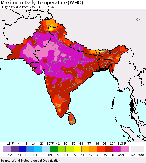 Southern Asia Maximum Daily Temperature (WMO) Thematic Map For 5/13/2024 - 5/19/2024