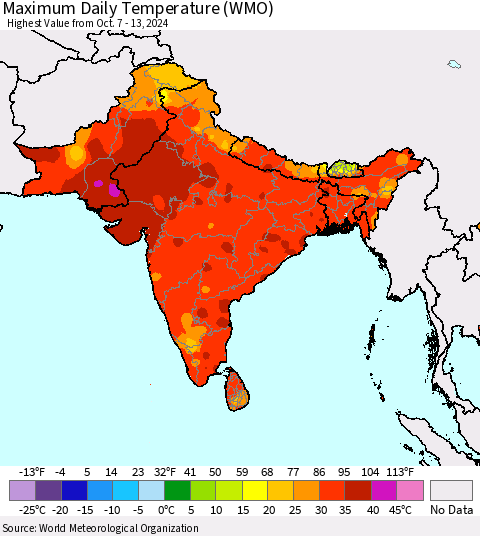 Southern Asia Maximum Daily Temperature (WMO) Thematic Map For 10/7/2024 - 10/13/2024