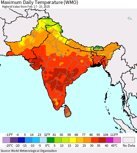 Southern Asia Maximum Daily Temperature (WMO) Thematic Map For 2/17/2025 - 2/23/2025