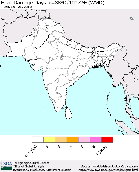 Southern Asia Heat Damage Days >=38°C/100°F (WMO) Thematic Map For 1/15/2018 - 1/21/2018