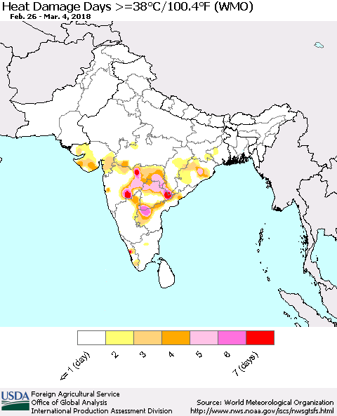 Southern Asia Heat Damage Days >=38°C/100°F (WMO) Thematic Map For 2/26/2018 - 3/4/2018