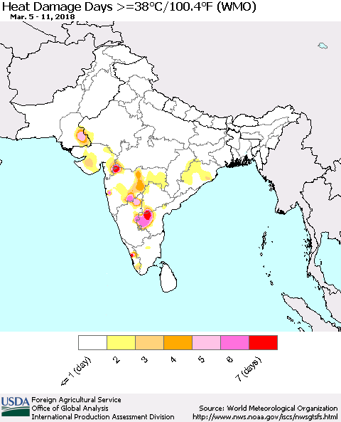 Southern Asia Heat Damage Days >=38°C/100°F (WMO) Thematic Map For 3/5/2018 - 3/11/2018