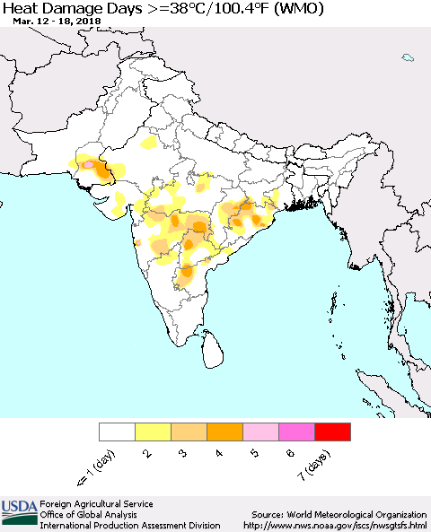 Southern Asia Heat Damage Days >=38°C/100°F (WMO) Thematic Map For 3/12/2018 - 3/18/2018