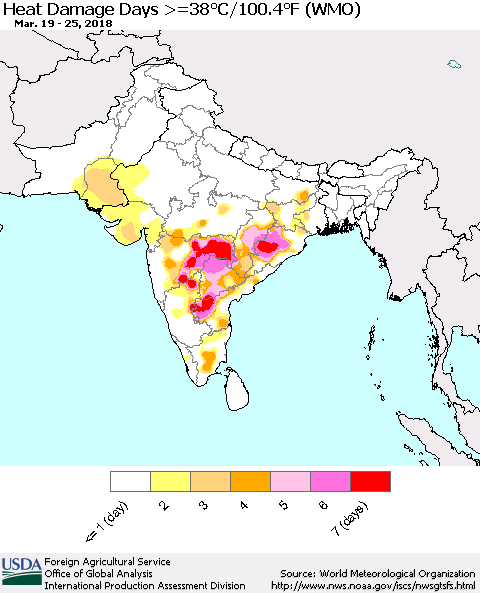 Southern Asia Heat Damage Days >=38°C/100°F (WMO) Thematic Map For 3/19/2018 - 3/25/2018