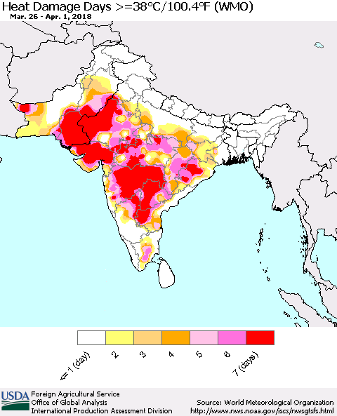 Southern Asia Heat Damage Days >=38°C/100°F (WMO) Thematic Map For 3/26/2018 - 4/1/2018