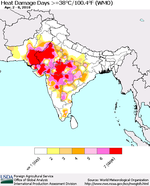 Southern Asia Heat Damage Days >=38°C/100°F (WMO) Thematic Map For 4/2/2018 - 4/8/2018