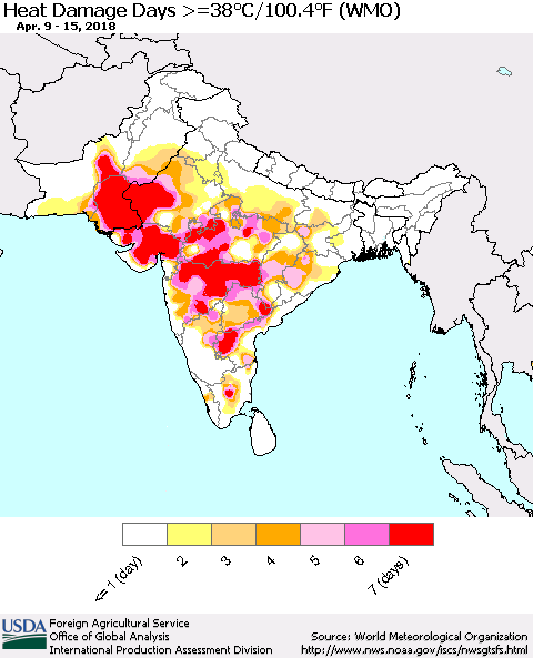 Southern Asia Heat Damage Days >=38°C/100°F (WMO) Thematic Map For 4/9/2018 - 4/15/2018