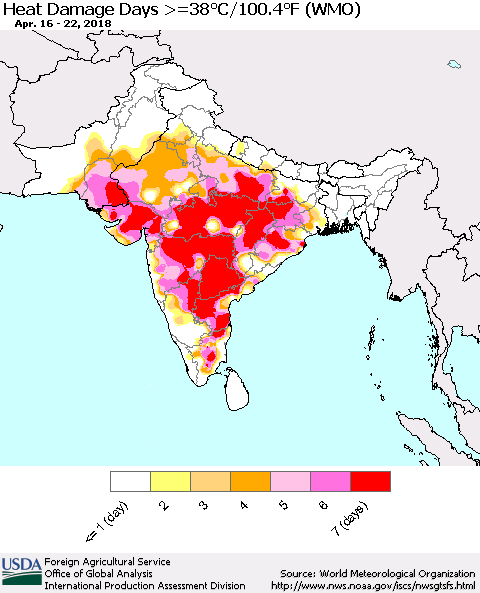 Southern Asia Heat Damage Days >=38°C/100°F (WMO) Thematic Map For 4/16/2018 - 4/22/2018