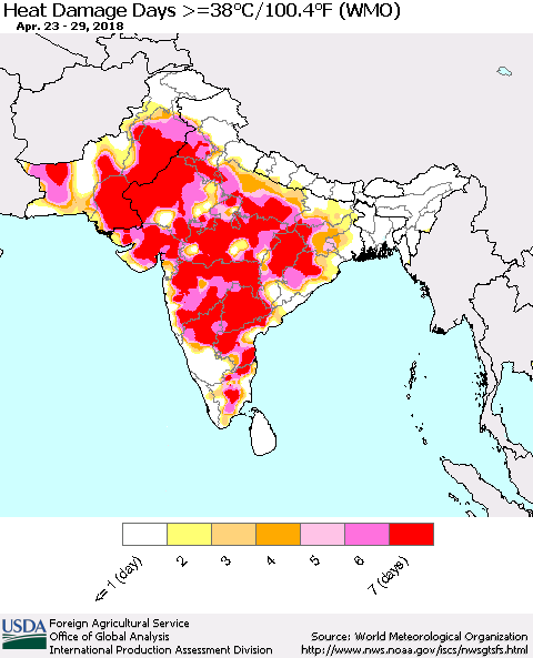 Southern Asia Heat Damage Days >=38°C/100°F (WMO) Thematic Map For 4/23/2018 - 4/29/2018
