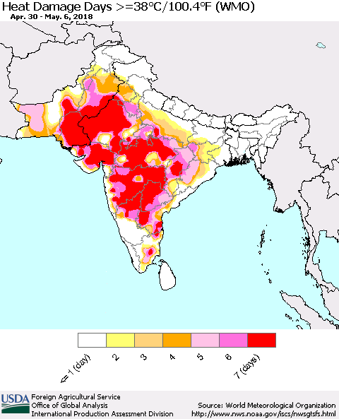 Southern Asia Heat Damage Days >=38°C/100°F (WMO) Thematic Map For 4/30/2018 - 5/6/2018