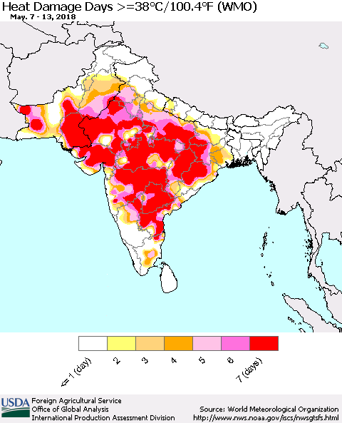Southern Asia Heat Damage Days >=38°C/100°F (WMO) Thematic Map For 5/7/2018 - 5/13/2018