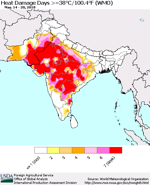 Southern Asia Heat Damage Days >=38°C/100°F (WMO) Thematic Map For 5/14/2018 - 5/20/2018