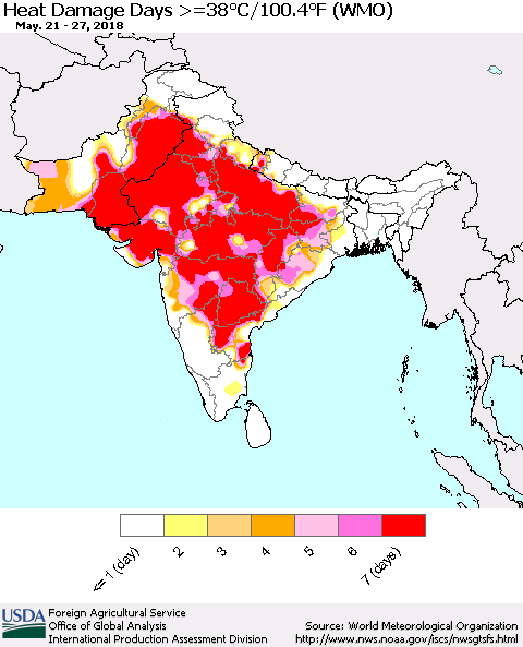 Southern Asia Heat Damage Days >=38°C/100°F (WMO) Thematic Map For 5/21/2018 - 5/27/2018