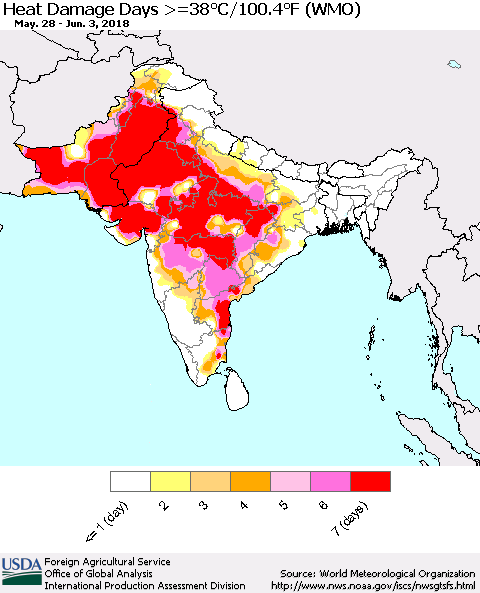 Southern Asia Heat Damage Days >=38°C/100°F (WMO) Thematic Map For 5/28/2018 - 6/3/2018