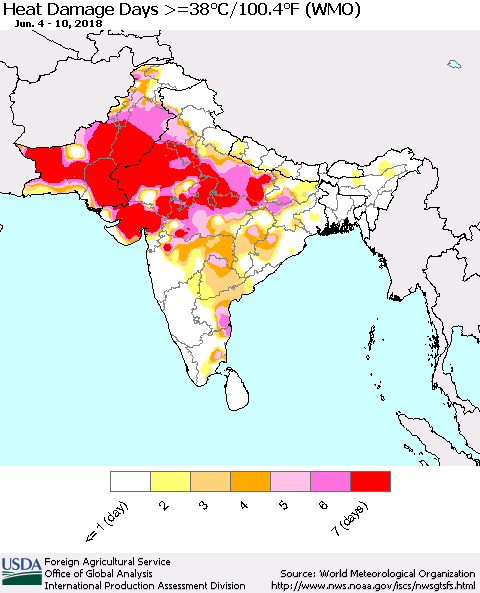 Southern Asia Heat Damage Days >=38°C/100°F (WMO) Thematic Map For 6/4/2018 - 6/10/2018