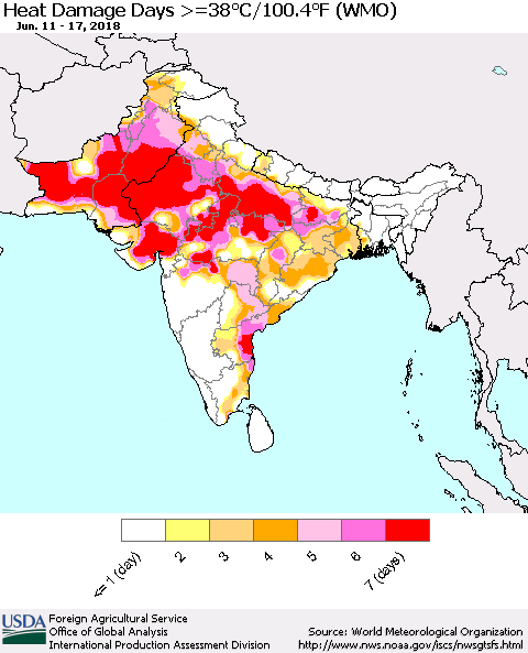 Southern Asia Heat Damage Days >=38°C/100°F (WMO) Thematic Map For 6/11/2018 - 6/17/2018