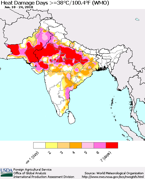 Southern Asia Heat Damage Days >=38°C/100°F (WMO) Thematic Map For 6/18/2018 - 6/24/2018