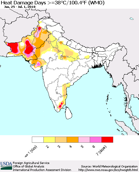 Southern Asia Heat Damage Days >=38°C/100°F (WMO) Thematic Map For 6/25/2018 - 7/1/2018
