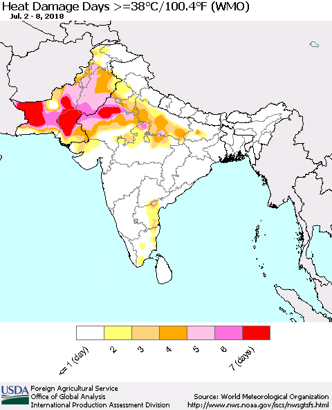 Southern Asia Heat Damage Days >=38°C/100°F (WMO) Thematic Map For 7/2/2018 - 7/8/2018