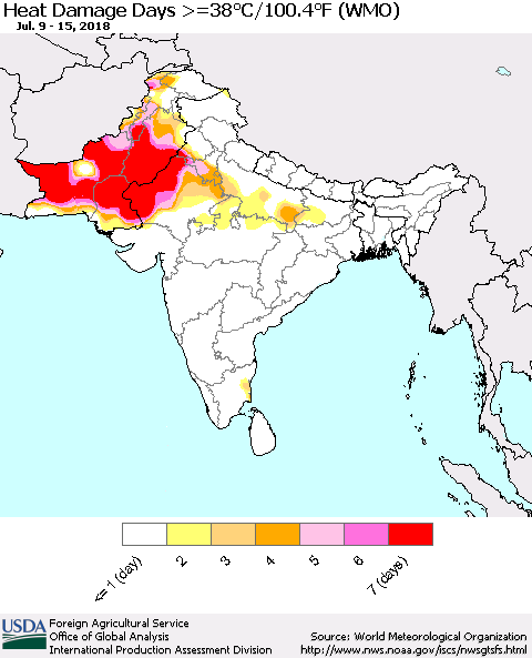 Southern Asia Heat Damage Days >=38°C/100°F (WMO) Thematic Map For 7/9/2018 - 7/15/2018