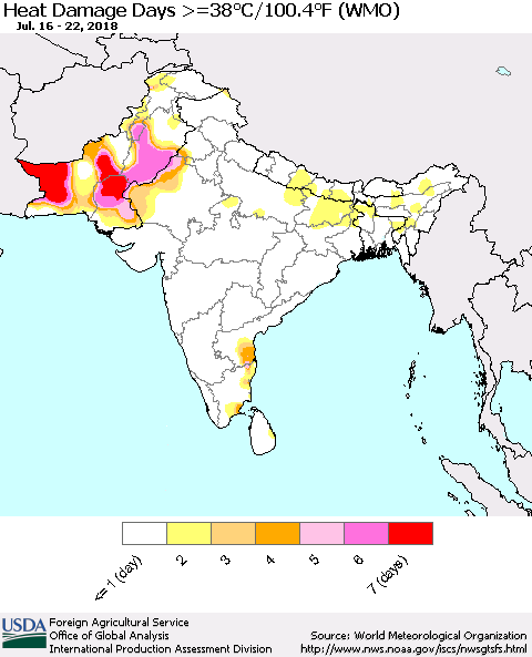 Southern Asia Heat Damage Days >=38°C/100°F (WMO) Thematic Map For 7/16/2018 - 7/22/2018