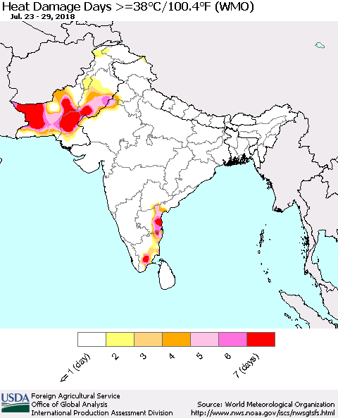 Southern Asia Heat Damage Days >=38°C/100°F (WMO) Thematic Map For 7/23/2018 - 7/29/2018