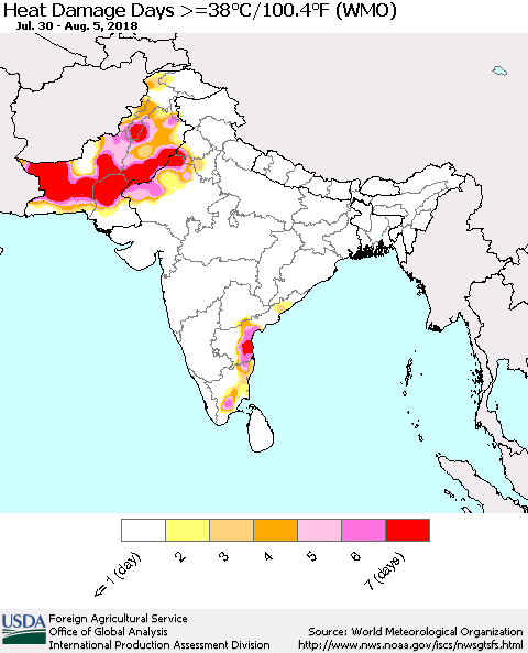 Southern Asia Heat Damage Days >=38°C/100°F (WMO) Thematic Map For 7/30/2018 - 8/5/2018